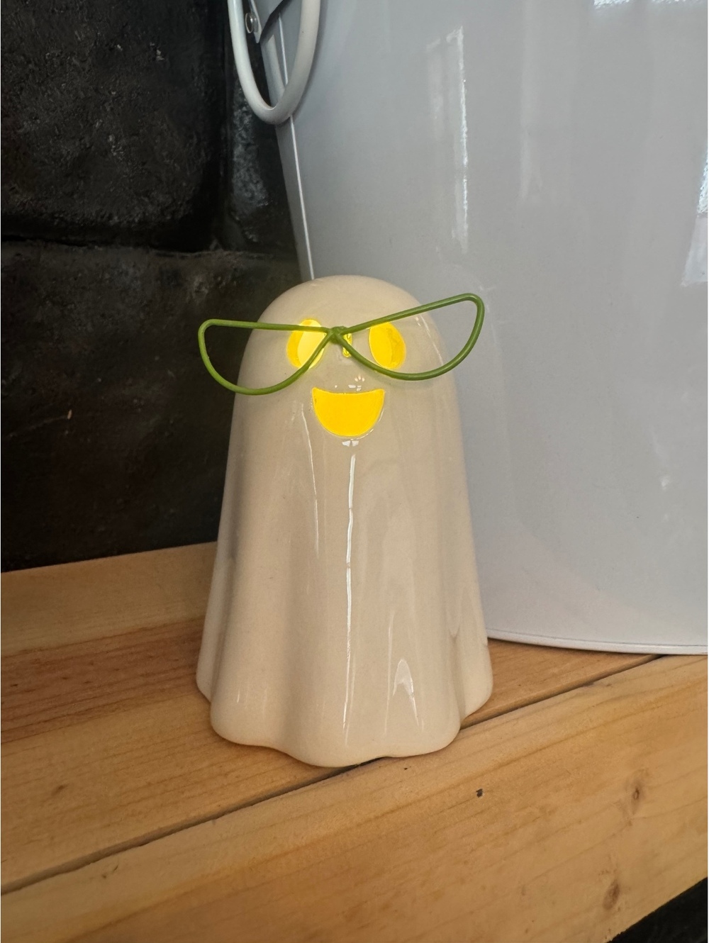 Ceramic Ghost Figurine with Green Glasses Decoration